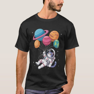 Womens Astronaut Cat Holding Planet Balloons Outer T Shirt