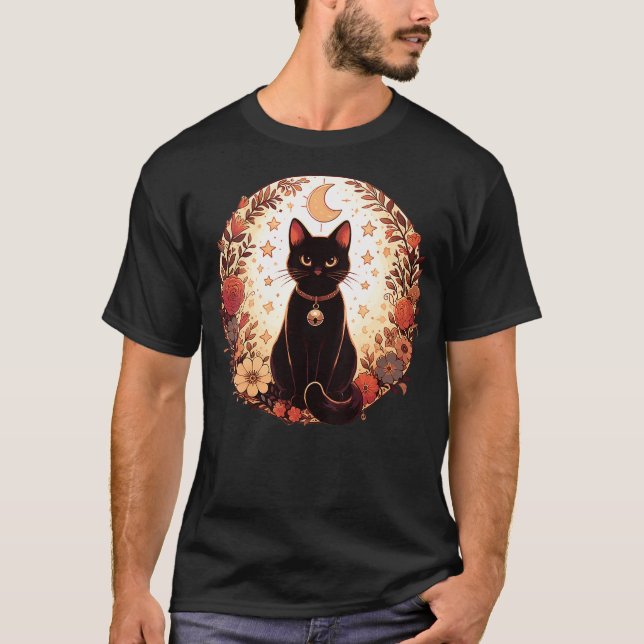 Womens Autumn Flowers Magical Black Cat Autumn Hal T Shirt (Framsida)