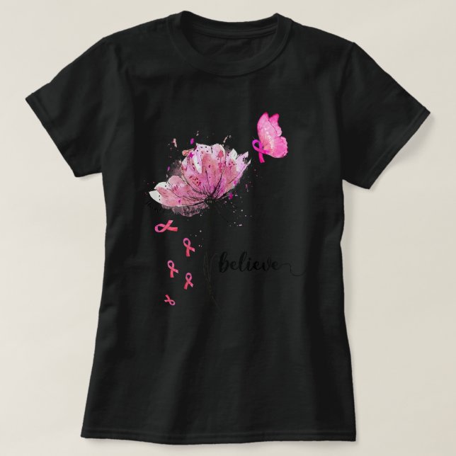 Womens Believe Flower Butterfly Pink Ribbon Breast T Shirt (Design framsida)