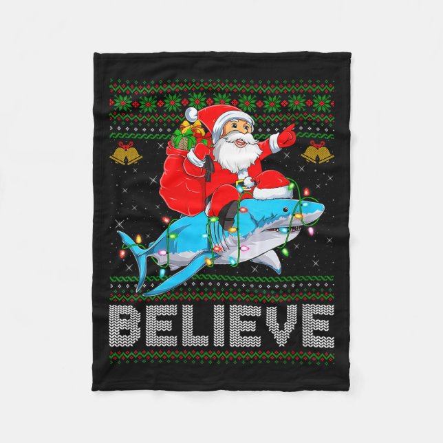 Womens Believe Xmas Funny Santa Riding Shark Ugly  Fleecefilt (Framsidan)