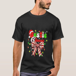 Womens Bestie Claus Coquette Bow Candy Cane Santa  T Shirt