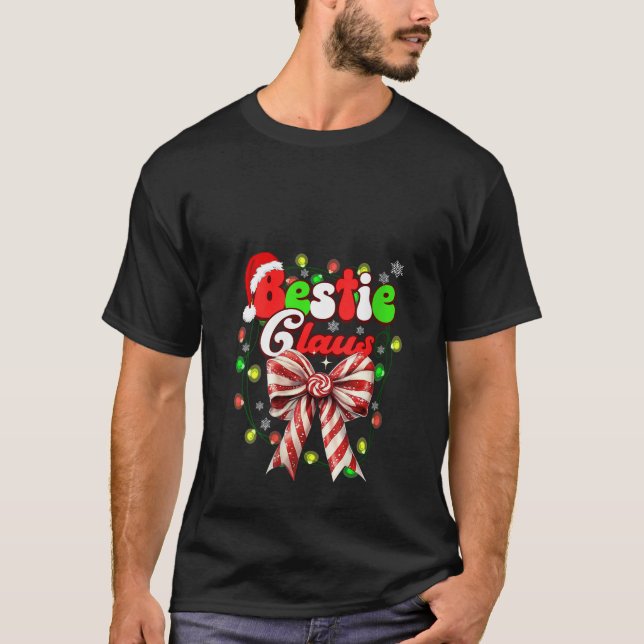 Womens Bestie Claus Coquette Bow Candy Cane Santa  T Shirt (Framsida)
