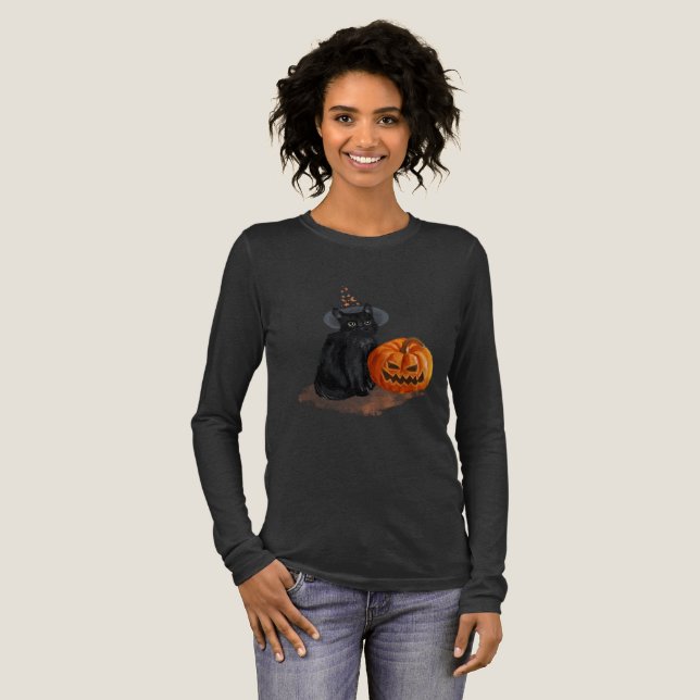 Women's Black Cat Halloween Long-sleeved Tshirt  T Shirt (Hel framsida)