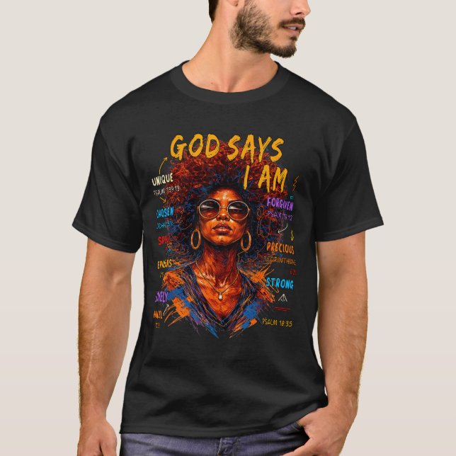 Womens Black Girl Queen God Says I Am Melanin Hist T Shirt (Framsida)