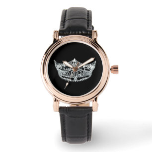 Womens Black Leather Strap Skönhetstävling Krona W Armbandsur