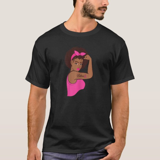 Womens Black Rosie Riveter Afro Breast Cancer Awar T Shirt (Framsida)