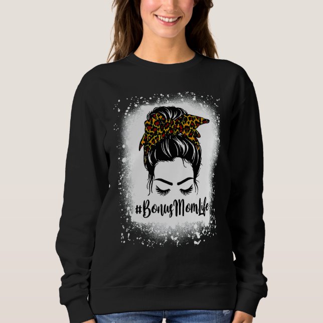 Womens Bleached Bonus Mamma Life Leopard Messy Bun T Shirt (Framsida)