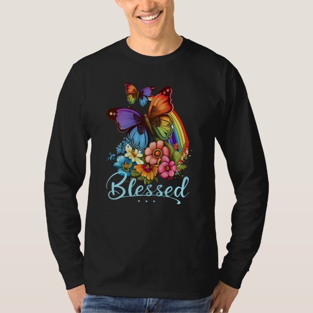 Womens Blessed Christian Butterfly Pretty Floral R T Shirt (Framsida)