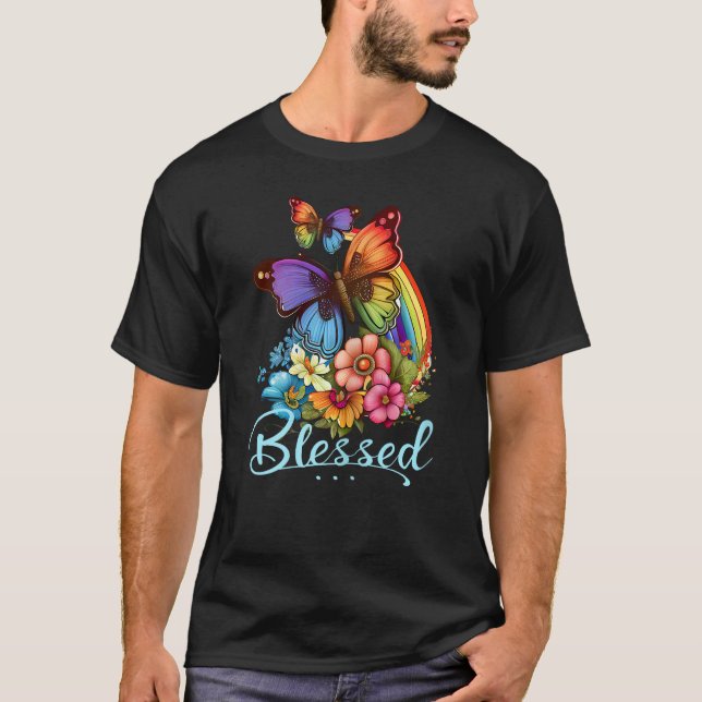 Womens Blessed Christian Butterfly Pretty Floral R T Shirt (Framsida)