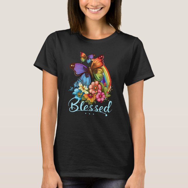 Womens Blessed Christian Butterfly Pretty Floral R T Shirt (Framsida)