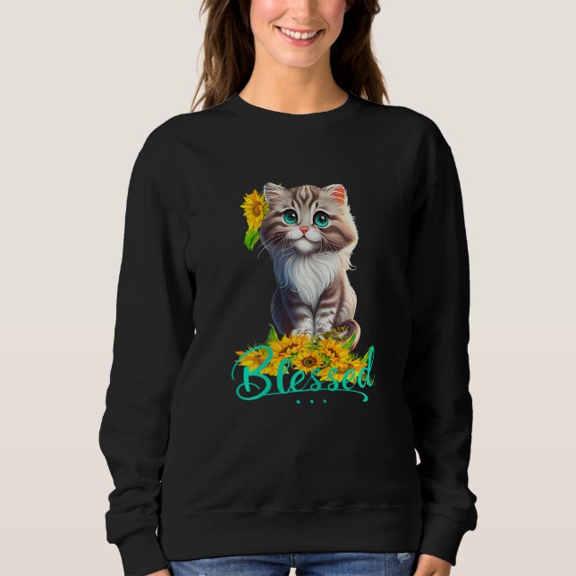 Womens Blessed Cute Tabby Kitty With Sunflowers Ch T Shirt (Framsida)