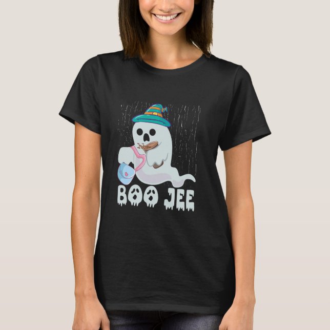 Womens Boo Jee Cute Ghost med kaffe Halloween T Shirt (Framsida)