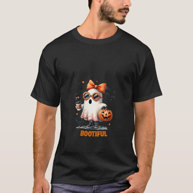 Womens Boo Jee Ghost Drinking Coffee Coquette Bow T Shirt (Framsida)