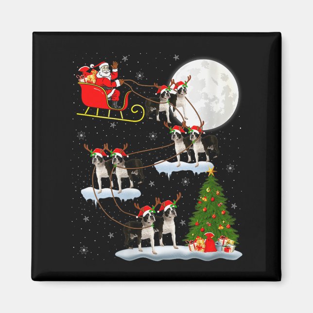 Womens Boston Terrier Dog Santa Sleigh Flying Funn Magnet (Framsidan)