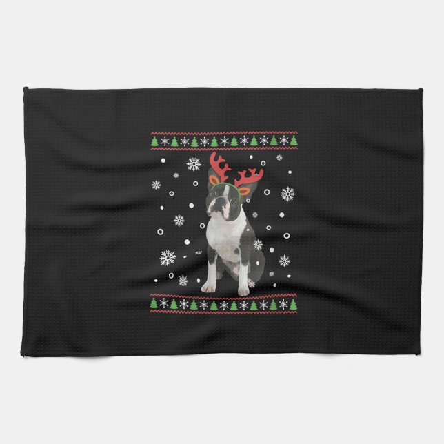 Womens Boston Terrier Julafton Ugly jul Sweater Kökshandduk (Horisontell)