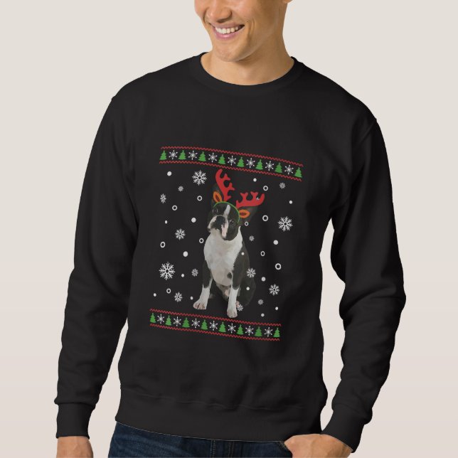 Womens Boston Terrier Julafton Ugly jul Sweater Lång Ärmad Tröja (Framsida)