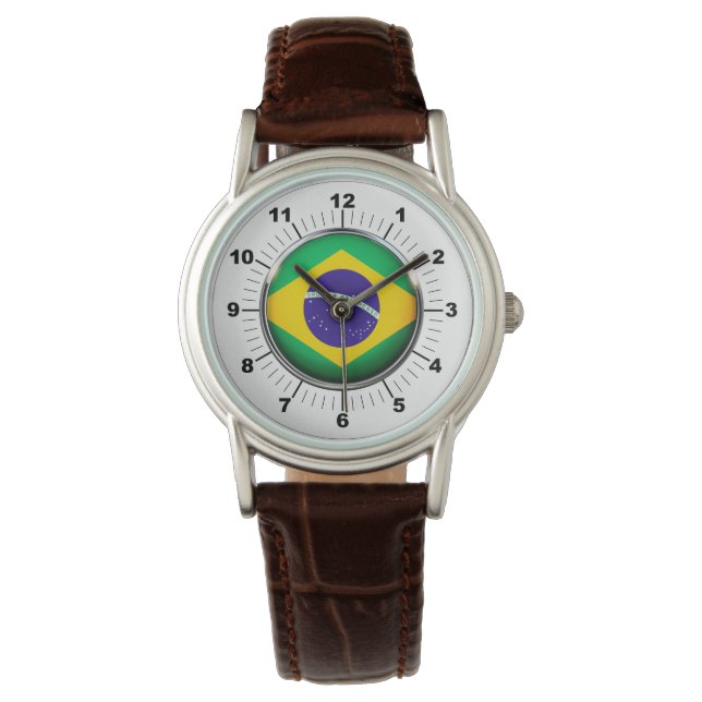 Women's Brazil Flagga Classic Brown Leather Watch Armbandsur (Framsida)