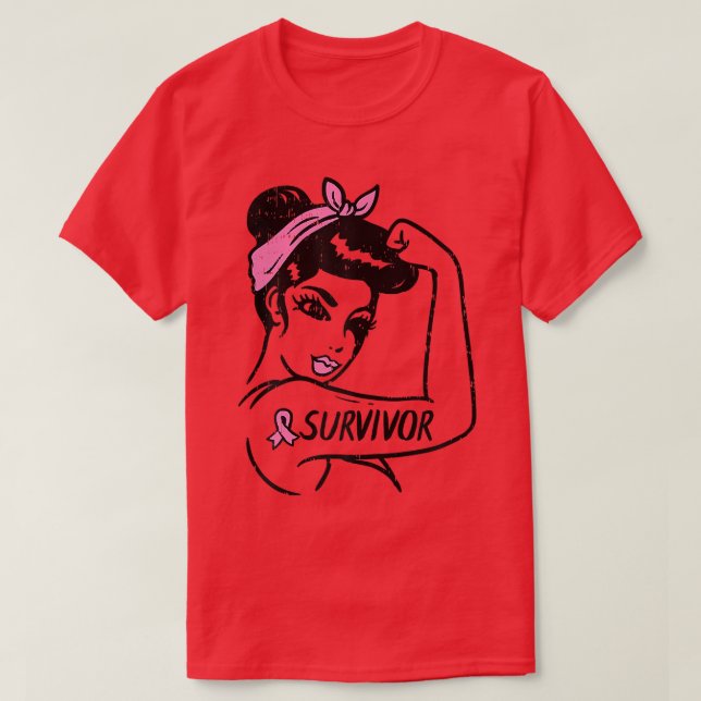 Womens Breast Cancer Survivor Rosie Riveter Pink A T Shirt (Design framsida)