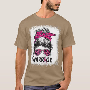 Womens Breast Cancer Warrior Messy Bun Leopard Ble T Shirt