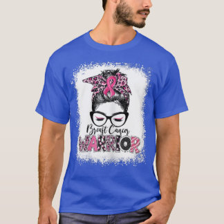 Womens Breast Cancer Warrior Messy Bun Leopard Ble T Shirt