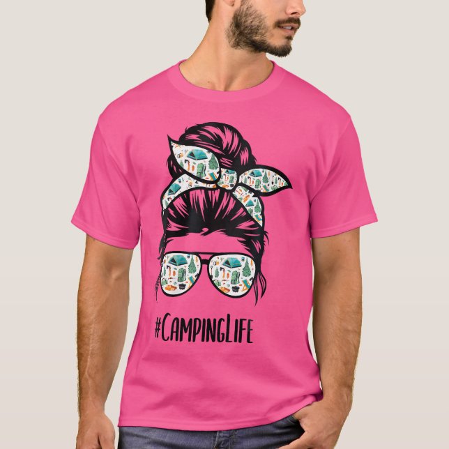 Womens Camping Life Messy Bun Hair Mors dag Ca T Shirt (Framsida)