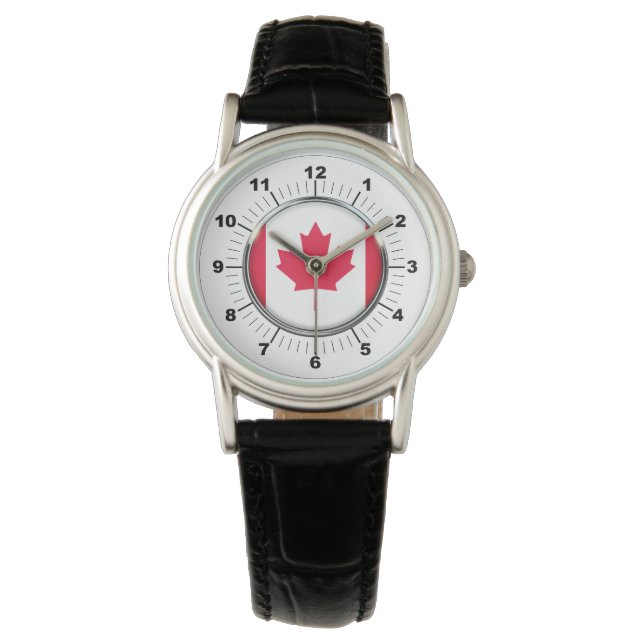 Women's Canada Flagga Classic Black Leather Watch Armbandsur (Framsida)