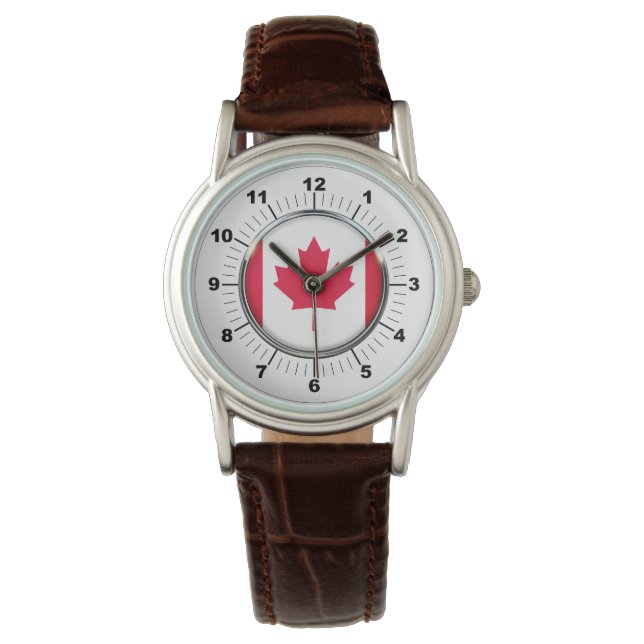 Women's Canada Flagga Classic Brown Leather Watch Armbandsur (Framsida)
