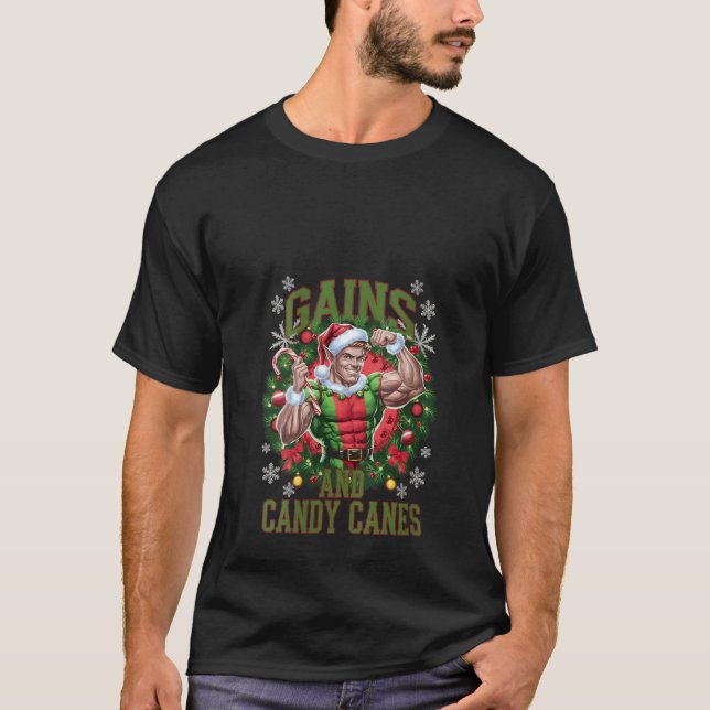 Womens Christmas Elf Gym Workout Gains and Candy C T Shirt (Framsida)