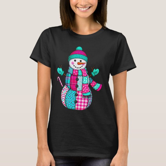 Womens Christmas Patchwork Snowman Preppy Retro Me T Shirt (Framsida)