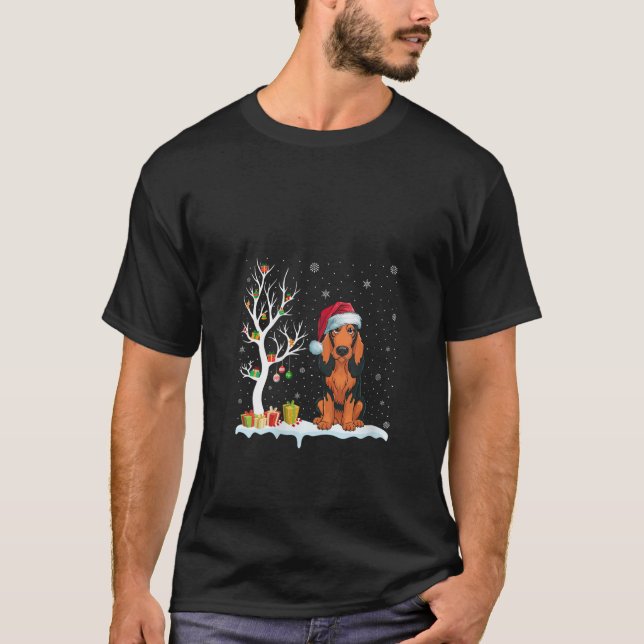 Womens Coonhound Dog Santa Hat Festive Tree Light  T Shirt (Framsida)