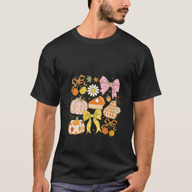 Womens Coquette Floral Bow Pumpkin Season Autumn F T Shirt (Framsida)