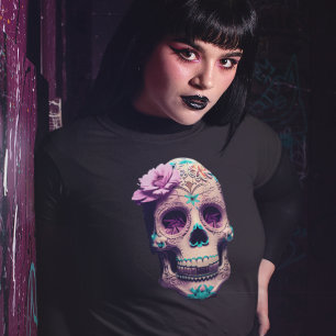 Womens Creepy Horror Gothic Candy Skull Flower T Shirt