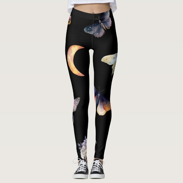 Women's Crystals & Moths Black Fashion Leggings (Framsida)
