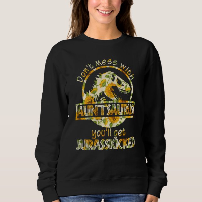 Womens Cute Auntsaurus Dinosaur Rex Solrosmoth T Shirt (Framsida)