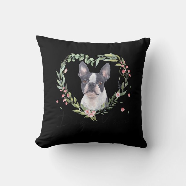 Womens Cute Boston Terrier Mamma Flower Hund älska Kudde (Framsida)