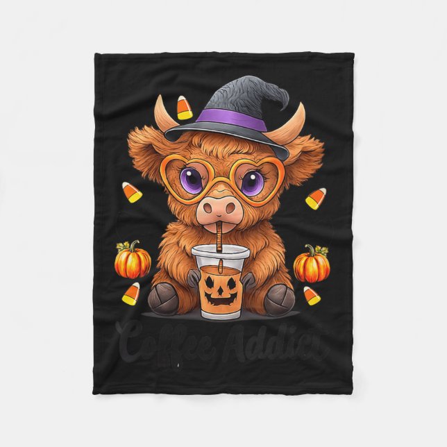 Womens Cute Cow Drinking Coffee Halloween Art V-ne Fleecefilt (Framsidan)