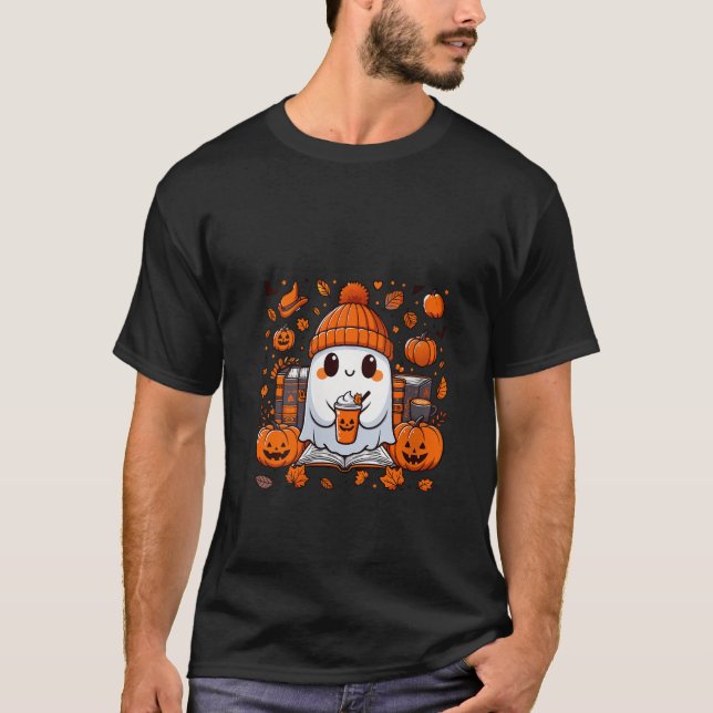 Womens Cute Ghost Reading Bok Fall Autolumn Coffee T Shirt (Framsida)