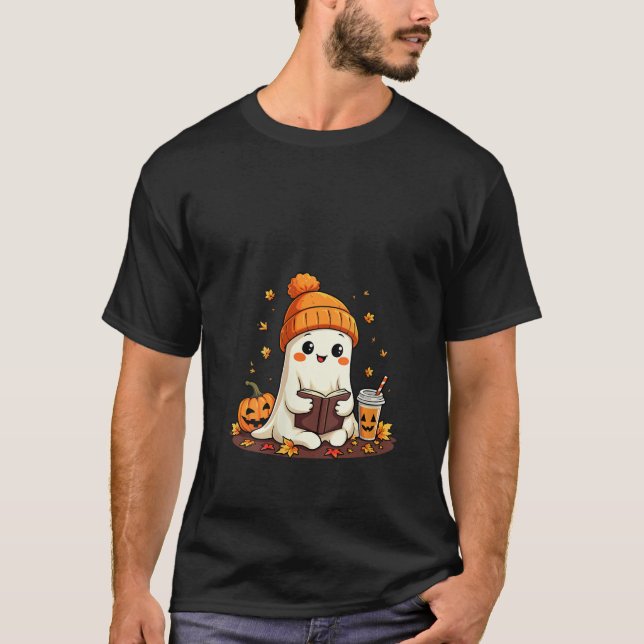 Womens Cute Ghost Reading Bok Höst löv Hallowed T Shirt (Framsida)