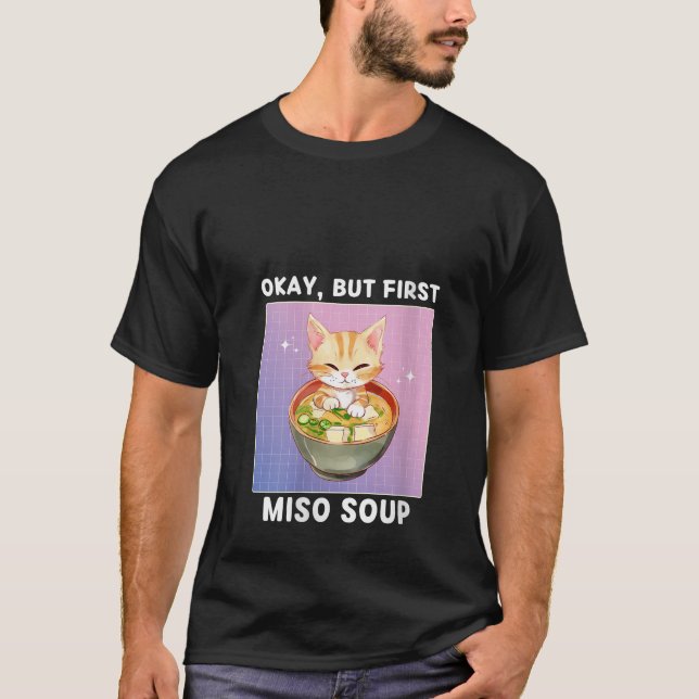 Womens Cute Kawaii Cat okej men först Miso Soppa J T Shirt (Framsida)