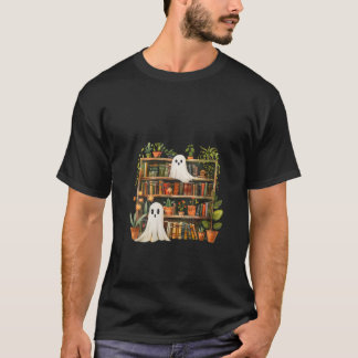 Womens Cute Librarian Spooky Ghost Bookshelves Pla T Shirt