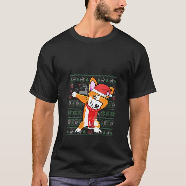Womens Dabbing Corgi Ugly jul Sweater Julafton T Shirt (Framsida)
