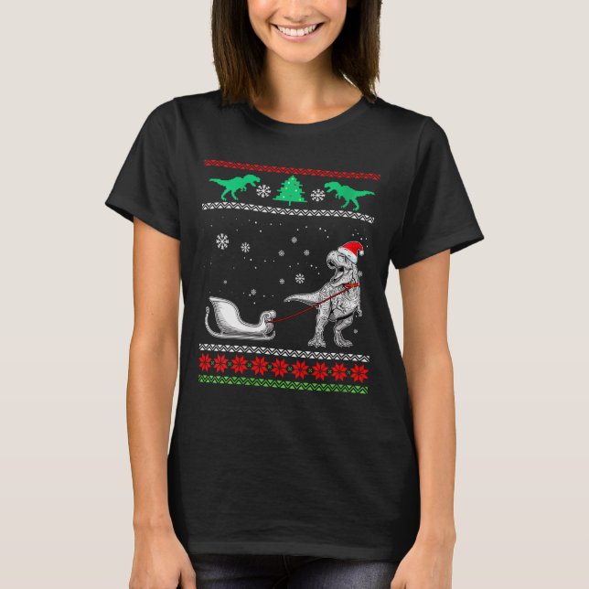 Womens Dinosaur Sleigh Merry Christmas Ugly Christ T Shirt (Framsida)
