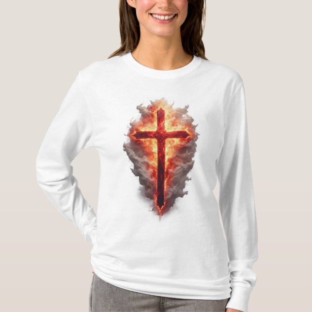 Women's Flaming Christian Cross Long Sleeve Tee (Framsida)