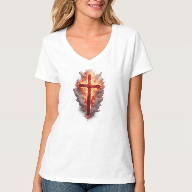 Women's Flaming Christian Cross V-Neck Tee (Framsida)