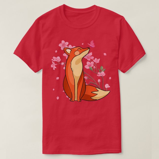 Womens Fox Sakura Cherry Blommar Butterfly T-Shirt (Design framsida)