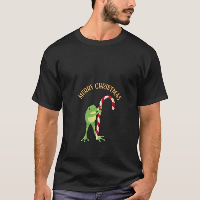 Womens Frog Holding Candy cane Funny Frog Älskare  T Shirt (Framsida)