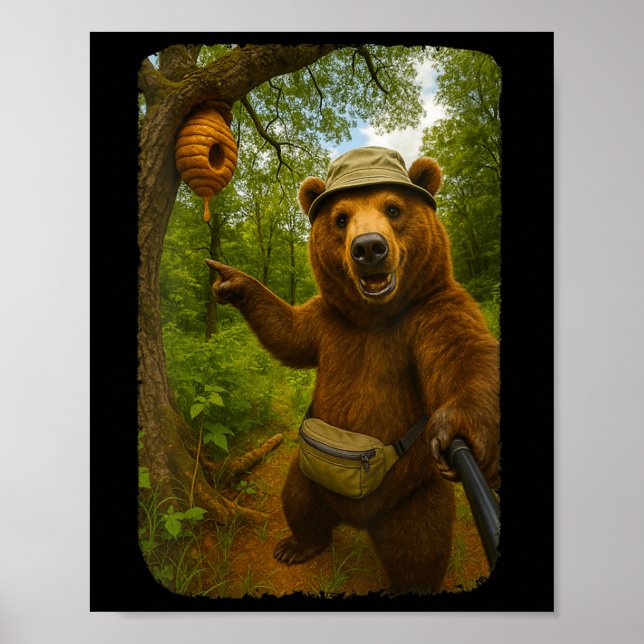 Womens Funny Bear Selfie Near Beehive Hiking Throu Poster (Framsidan)