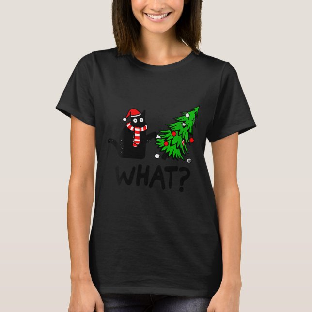 Womens Funny Black Cat Gift Pushing Christmas Tree T Shirt (Framsida)
