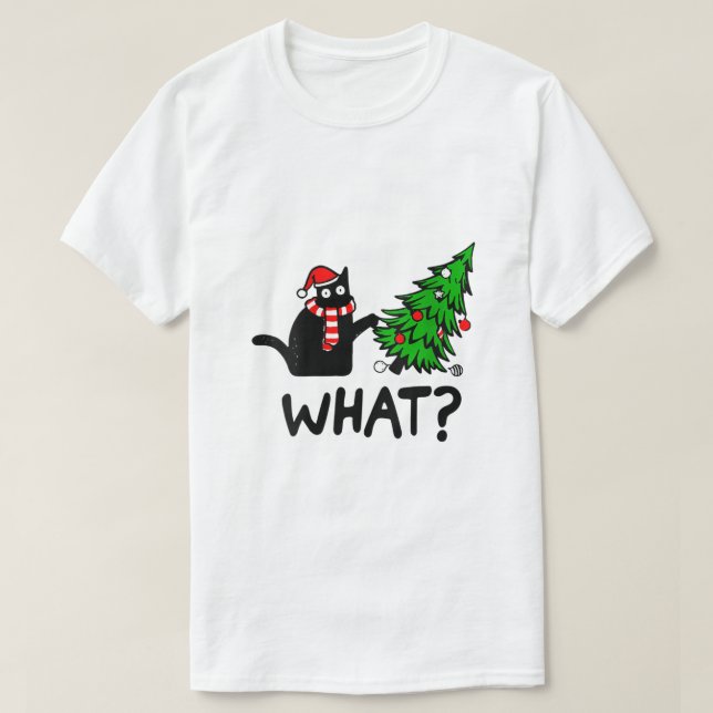 Womens Funny Black Cat Gift Pushing Julgran T Shirt (Design framsida)