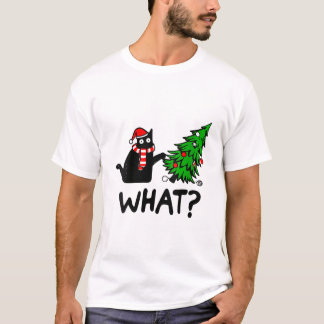 Womens Funny Black Cat Gift Pushing Julgran T Shirt